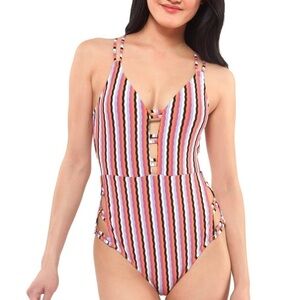JESSICA Simpson Contemporary Got the Groove Double Strap Plunge One Piece Swim